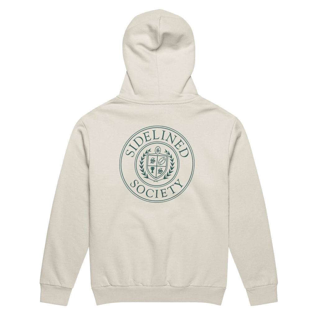 Sidelined Society heavyweight cream hoodie photographed on model