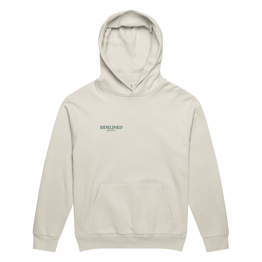 Sidelined Society heavyweight cream hoodie photographed on model