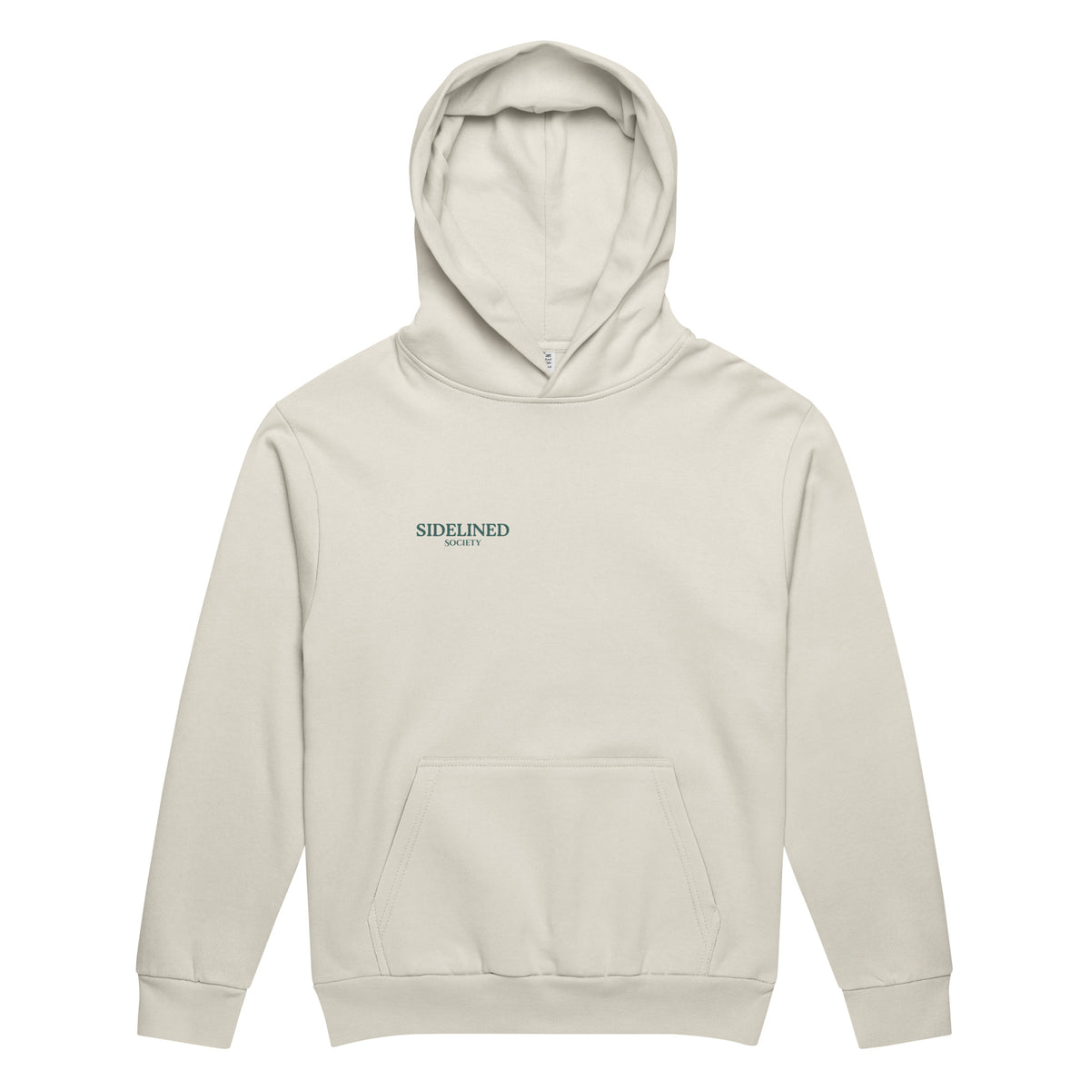 Sidelined Society heavyweight cream hoodie photographed on model