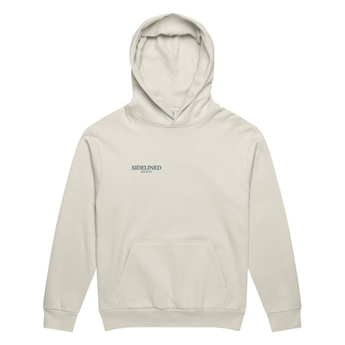 Sidelined Society heavyweight cream hoodie photographed on model